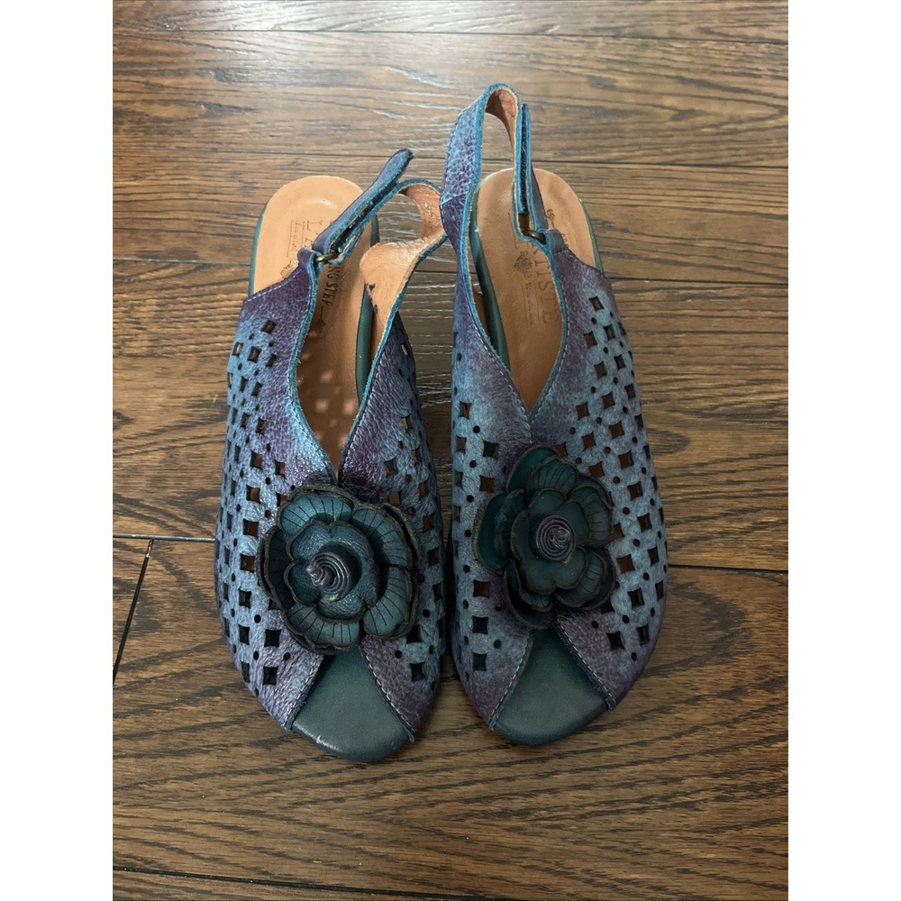 L'Artiste open toe Blue Floral Lovella genuine leather heel slingbacks EUR 39 /8